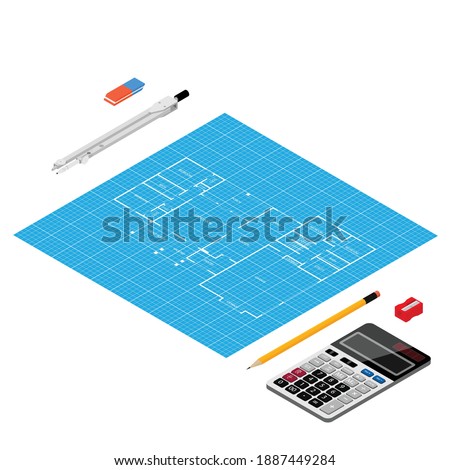 Stock foto: Blueprint With Engineering Sketch And Other Supplies For Work Of Architect