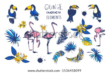 Stock photo: Tropical Summer Holiday Design With Toucan Bird And Parrot Flower On Blue Background Illustr