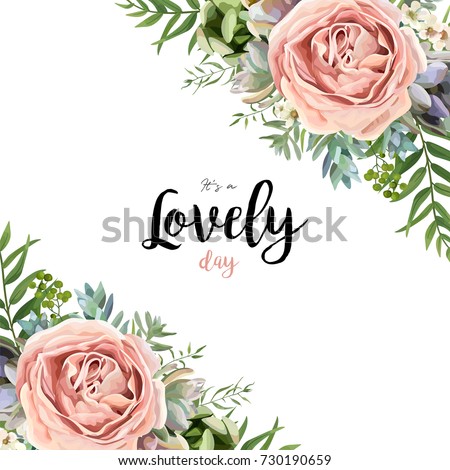 Foto stock: Watercolor Roses Bouquet With Pink Roses And Ferns Corner Banner