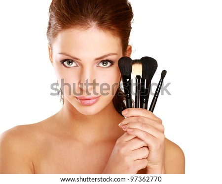 Stock photo: Portrait Of A Beautiful Woman With Makeup Brush Near Her Face Lo
