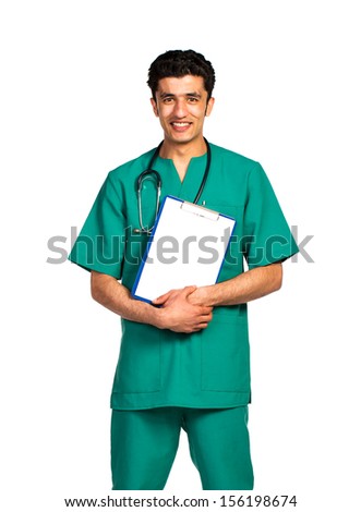 Foto stock: Portrait Of Doctor Arab Nationality With Health Record On White