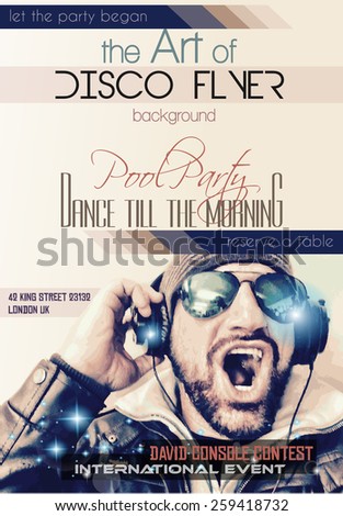 Foto stock: Disco Night Club Flyer Layout With Disck Jockey Shape And Music