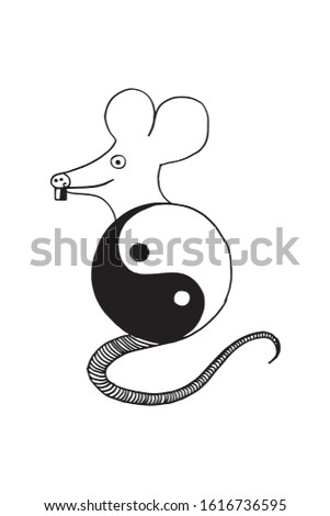 Сток-фото: Yin Yang Sign Icon White And Black Cute Funny Cartoon Rat Feng Shui Symbol Isolated Flat Design S