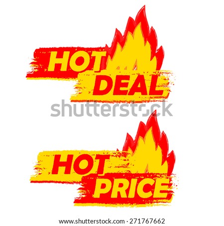 Stock photo: Hot Sale And Deal On Fire Yellow And Red Drawn Labels With Flam