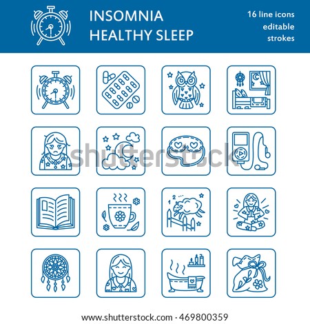 Foto stock: Modern Vector Line Icon Of Sleepless And Healthy Sleep Elements - Clock Pillow Pills Dream Catch