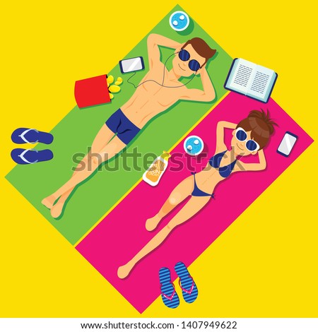 Foto stock: Girl Sunbathes On Towel Smartphone Book Sun Cream Sunglasses Isometric Vector Illustration