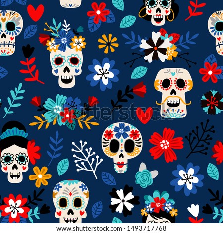 Stock foto: Mexican Sugar Skull Vector Seamless Pattern On Black Halloween White Candy Skulls Background Day O