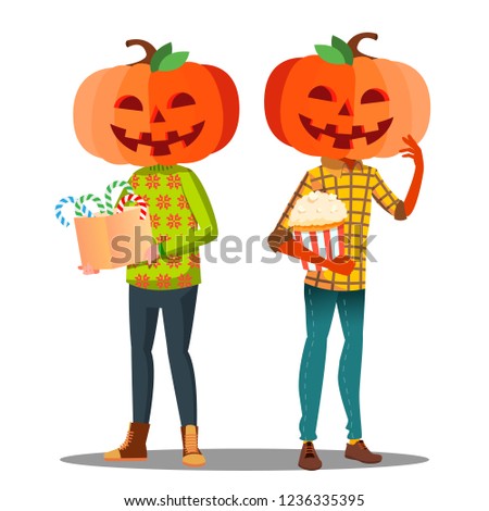 Foto stock: Boy Girl With A Pumpkin Instead Of Head And A Basket Of Sweets In Hand Vector Halloween Isolated I