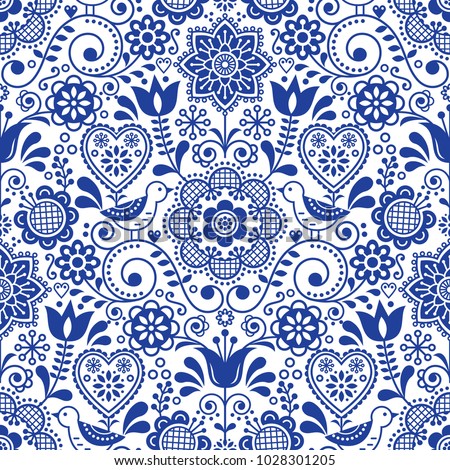 Seamless Folk Art Vector Pattern With Birds And Flowers Scandinavian Or Nordic In Navy Blue And Whi Stock fotó © RedKoala