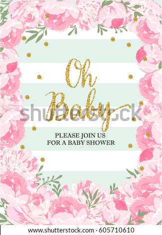 Foto d'archivio: Beautiful Baby Shower Card Template With Golden Glittering Deta