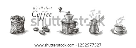 Foto stock: Hot Coffee In Black Cup And Turkish Pots Cezve With Beans Saucer With Copy Space On Brown Old Woode