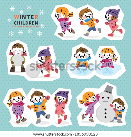 Foto stock: Group Of Children Winter Boys And Girls Set Kids In Winter Win