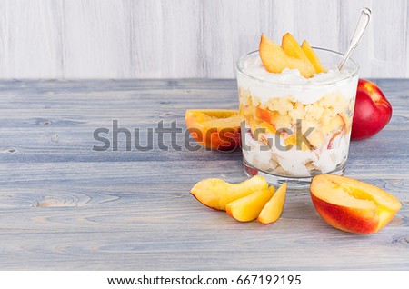 Foto stock: Summer Breakfast With Corn Flakes Slice Peach On Blue Wood Board