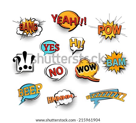 Foto d'archivio: Comic Speech Bubbles Set With Different Emotions And Text Boom