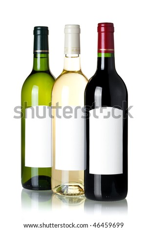 Stock fotó: Three Dark Wine Bottles With Blank White Labels On White Wooden Board Mock Up