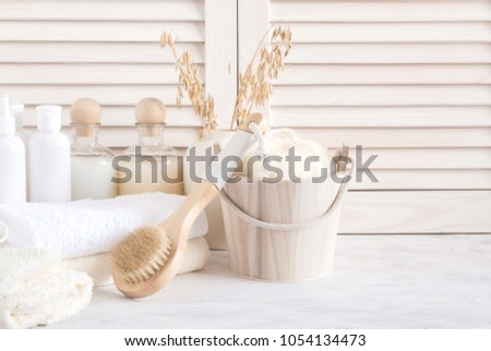 Stock photo: Blank Beige Cosmetics Bottles With Spikelets On White Wood Board Mock Up Soft Elegant Home Decor F