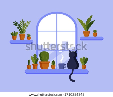ストックフォト: Vector Flat Illustration With Window View Cat Silhouette With Tail Looking Outside To Lake Houses