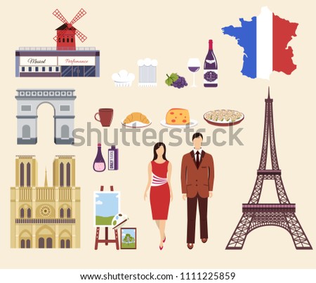 Stock photo: Country France Travel Vacation Guide Of Goods Places And Features Set Of Architecture Fashion Pe