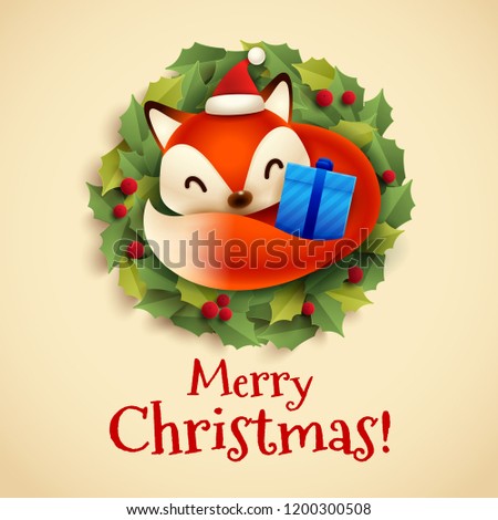 Сток-фото: Christmas Greeting Card With Cute Little Fox Curled Up In The Wr