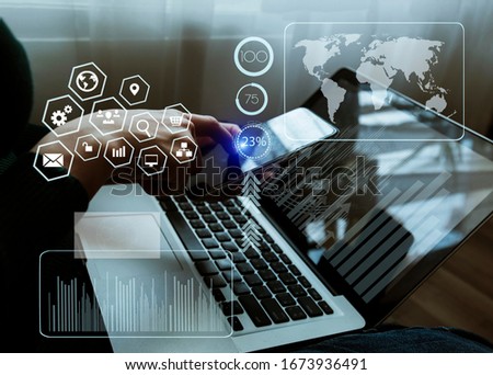 Foto stock: Programmer Working On Laptop Sitting On The Hand In A Big Clock Vector Illustration