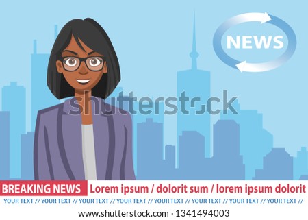 Zdjęcia stock: African American Anchorwoman On Tv Broadcast News Breaking News Vector Illustration Media On Telev