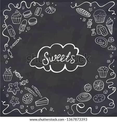 Foto d'archivio: Donuts Hand Drawn Doodles Illustration Sweets Frame Card Design