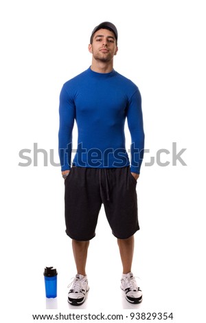 Stockfoto: Athletic Man In Blue Compression Shirt With Water Bottle Studio Shot Over White