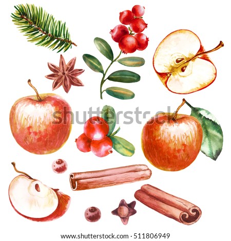 Foto d'archivio: Christmas Decoration Red Apple Cinnamon Anise And Tree On Red Background