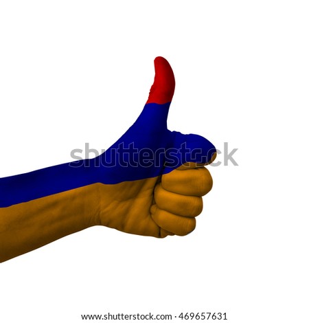 Stock foto: Armenia National Flag Thumb Up Gesture For Excellence And Achiev