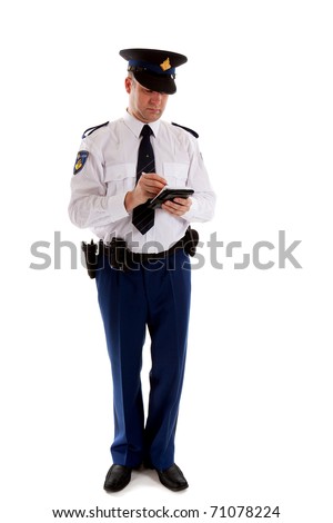 Zdjęcia stock: Dutch Police Officer Filling Out Parking Ticket Over White Back