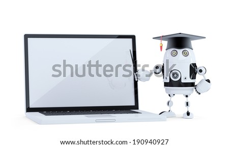 Zdjęcia stock: Student Robot With Pointer And Laptop Isolated Contains Clippig Path Of Robot And Laptop Screen