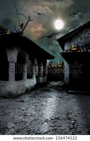 Stock fotó: Halloween Pumpkins In The Yard Of An Old House At Night In The B