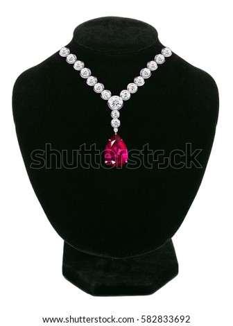 Foto d'archivio: Diamond And Ruby Necklace On Black Mannequin Isolated On White