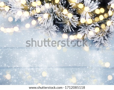 Imagine de stoc: Christmas Tree Branches With Cones On Blue Wooden Texture Ready