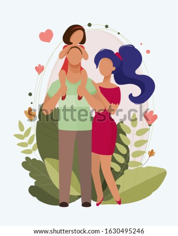 Foto stock: Smiling Cartoon Asian Family With Baby In Carrier And Expecting Another Child Vector Illustration