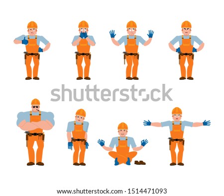 Foto stock: Builder Set Poses And Motion Worker In Protective Helmet Happy