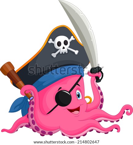 ストックフォト: Angry Pirate Octopus Cartoon Mascot Character With A Sword Gun And Hook On A Tropical Island