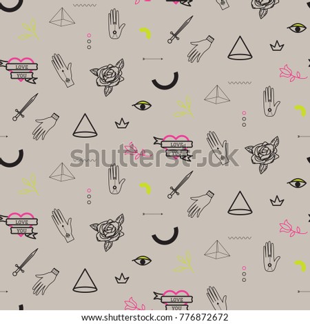 Foto d'archivio: Doodle Hipster Flash Tattoo Style Seamless Beige Vector Pattern
