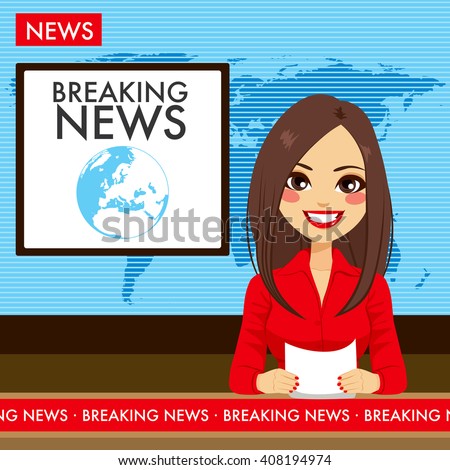 [[stock_photo]]: Anchorwoman On Tv Broadcast News Breaking News Illustration Media On Television Concept Fl