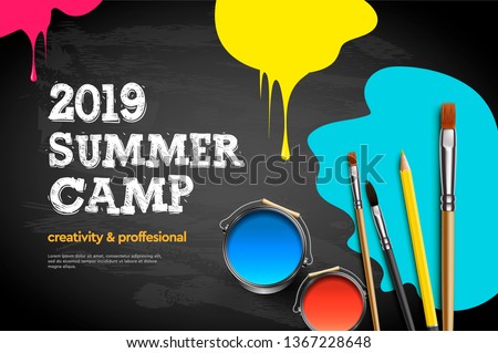 Stockfoto: Themed Summer Camp Poster 2019 Kids Art Craft Education Creativity Class Concept Vector Illustra