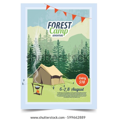 Stock photo: Summer Camping Poster Tent Campfire Pine Forest And Rocky Mountains Background Vector Illustrati