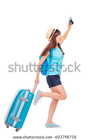 Stock fotó: Girl Tourist In A Hurry On A Flight Woman Runs With A Suitcase And A Plane Ticket Opening Of Cordo