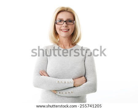 ストックフォト: Woman Eyes Looking Up While Standing Against A White Background