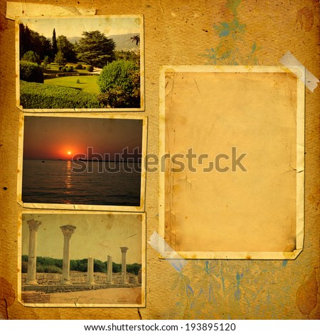 Stockfoto: Old Vintage Album With Postcards From His Travels On Paper Backg