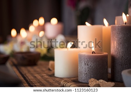 Zdjęcia stock: Spa And Wellness Massage Setting Still Life With Candle Towel And Stones Outdoor Summer Background