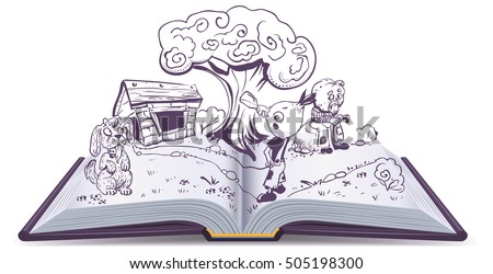 Foto stock: Open Book Story Tale Cipollino Onion Boy Drinks Water Near House Godfather Pumpkin