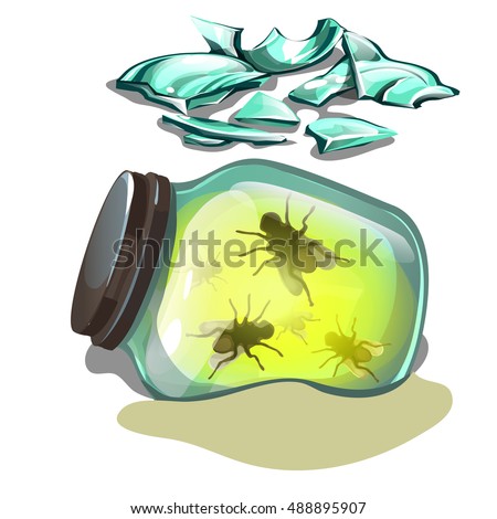 Glass Jar With Flies Lying In The Sand Fragments Of Broken Glass Isolated On White Background Vect Foto stock © lady-luck