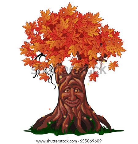 Stock photo: Fantasy Deciduous Tree With Face In The Fall Isolated On White Background Golden Autumn In The Ench