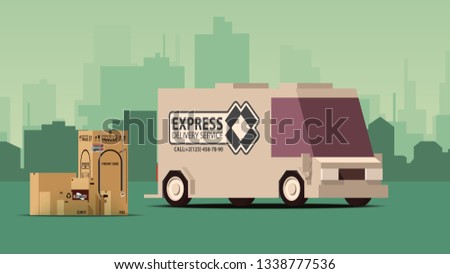 Stock photo: Grey Delivery Truck On City Landscape Background Isoflat Styled Vector Illustration