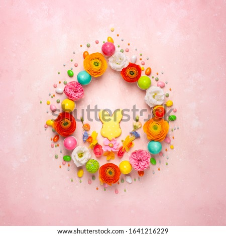 Foto stock: Pastel Background With Colored Eggs And Narcissus To Celebrate E